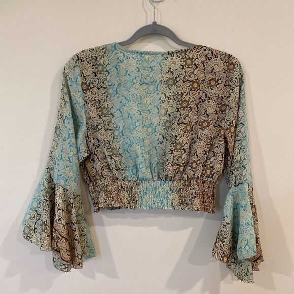 Orlinn Paris 100% Silk Blouse Bell Sleeve Cropped Elastic Waist - Picture 6 of 11